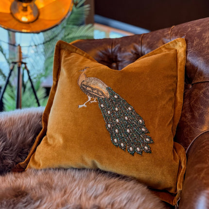 Feather Cushion Embroidered Peacock