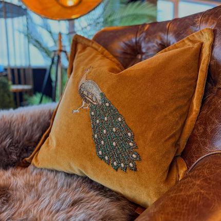 Feather Cushion Embroidered Peacock