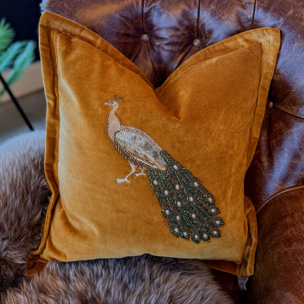 Feather Cushion Embroidered Peacock