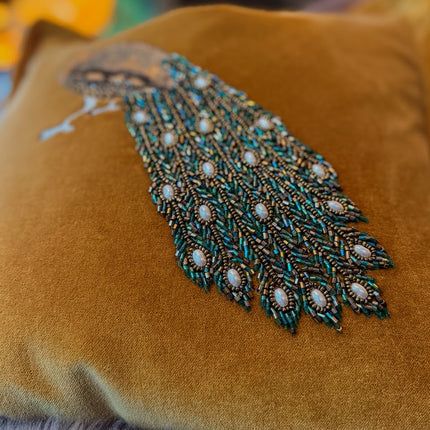 Feather Cushion Embroidered Peacock