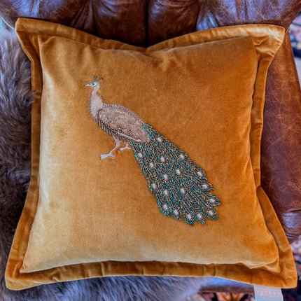 Feather Cushion Embroidered Peacock