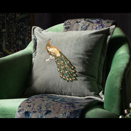 Feather Cushion Embroidered Peacock (55 x 55cm)