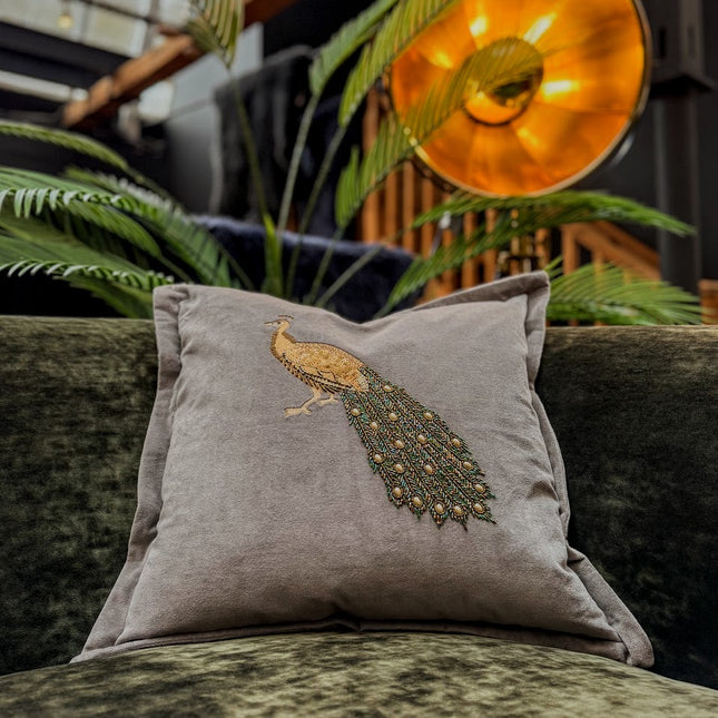 Feather Cushion Embroidered Peacock in Steel Grey