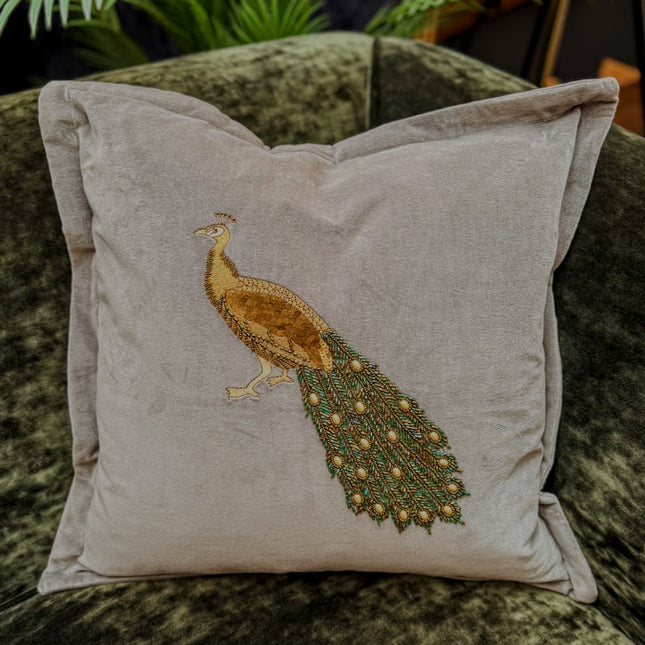 Feather Cushion Embroidered Peacock in Steel Grey