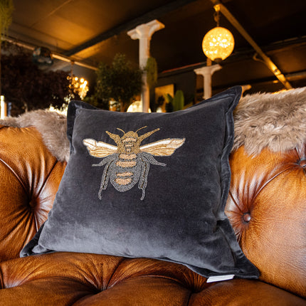 Embroidered Bee Cushion in Black Velvet