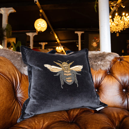 Embroidered Bee Cushion in Black Velvet