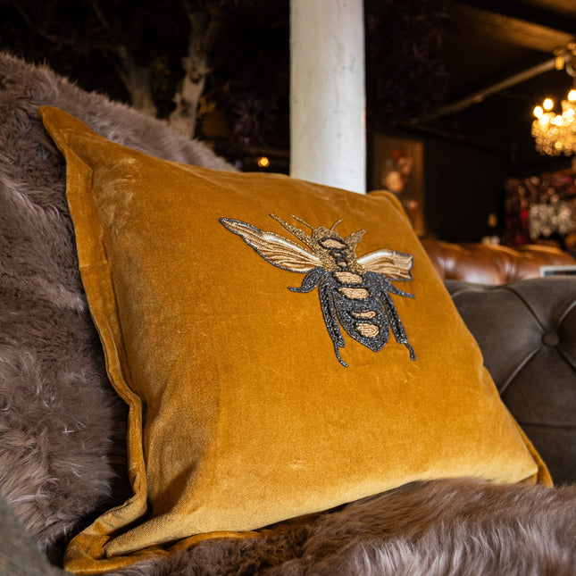 Embroidered Bee Cushion in Yellow Mustard