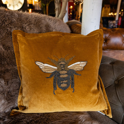 Embroidered Bee Cushion in Yellow Mustard