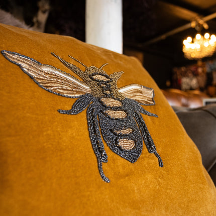 Embroidered Bee Cushion in Yellow Mustard