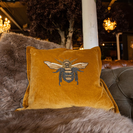 Embroidered Bee Cushion in Yellow Mustard