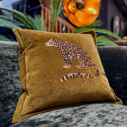 Embroidered Leopard Cushion in Olive Velvet