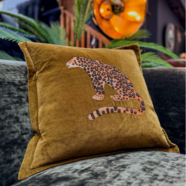 Embroidered Leopard Cushion in Olive Velvet