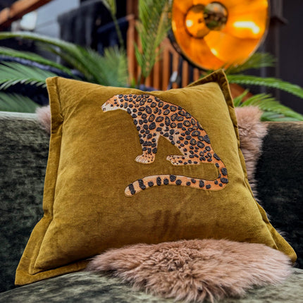 Embroidered Leopard Cushion in Olive Velvet