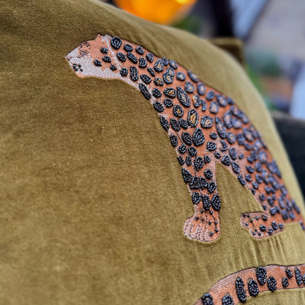 Embroidered Leopard Cushion in Olive Velvet