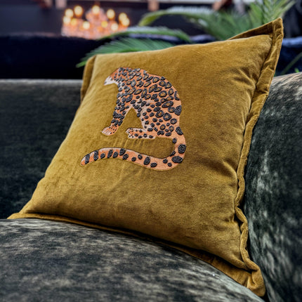 Embroidered Leopard Cushion in Olive Velvet