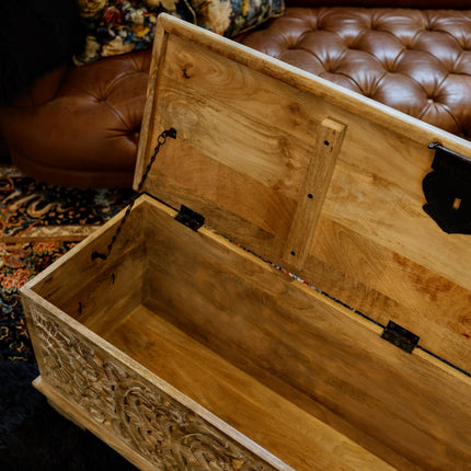 Floral Filigree Carved Storage Bench Cabinet - Mango Wood