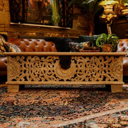 Floral Filigree Carved Storage Bench Cabinet - Mango Wood