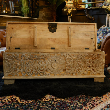 Floral Filigree Carved Storage Bench Cabinet - Mango Wood