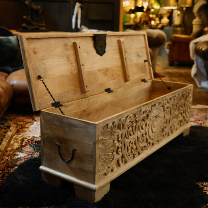 Floral Filigree Carved Storage Bench Cabinet - Mango Wood