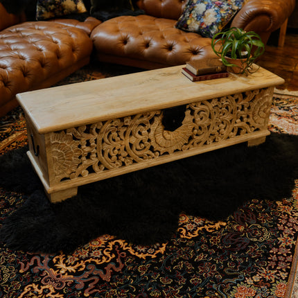 Floral Filigree Carved Storage Bench Cabinet - Mango Wood