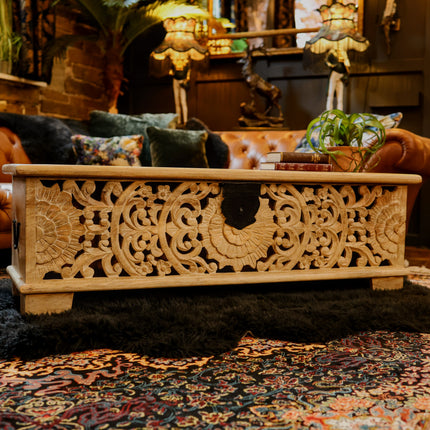 Floral Filigree Carved Storage Bench Cabinet - Mango Wood
