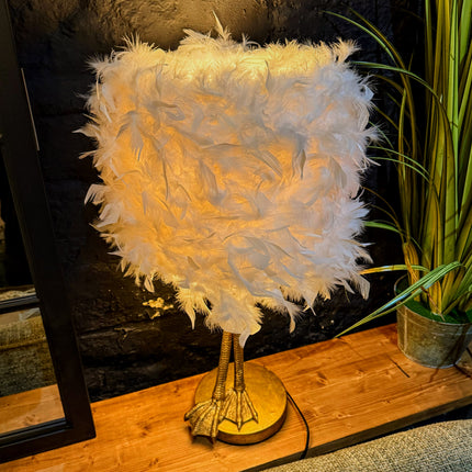 Antique Gold Large Bird Leg Table Lamp with White Feather Shade