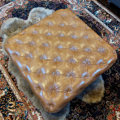 Footstool Chessington Cube In Highland Teak Leather - Clearance