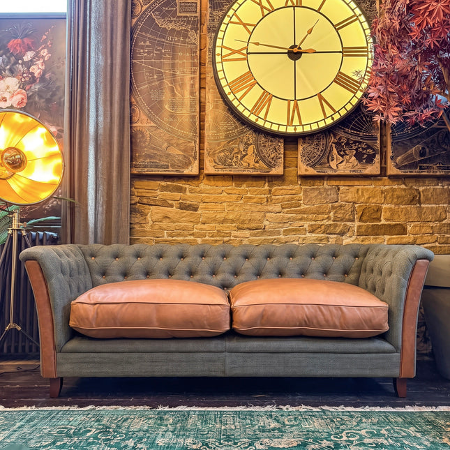 Granby Chesterfield Sofa in Harris Tweed Green & Leather - Clearance