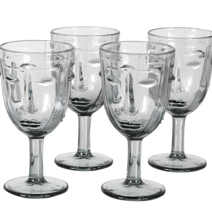 Set of 4 Grey Face Clear Wine Glasses