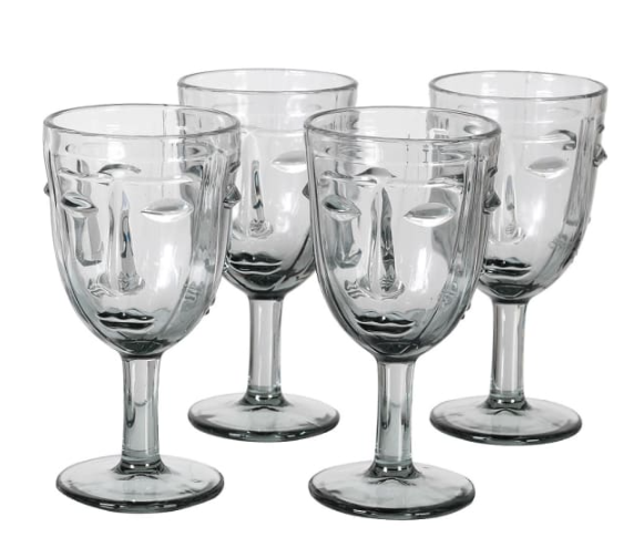 Set of 4 Grey Face Clear Wine Glasses