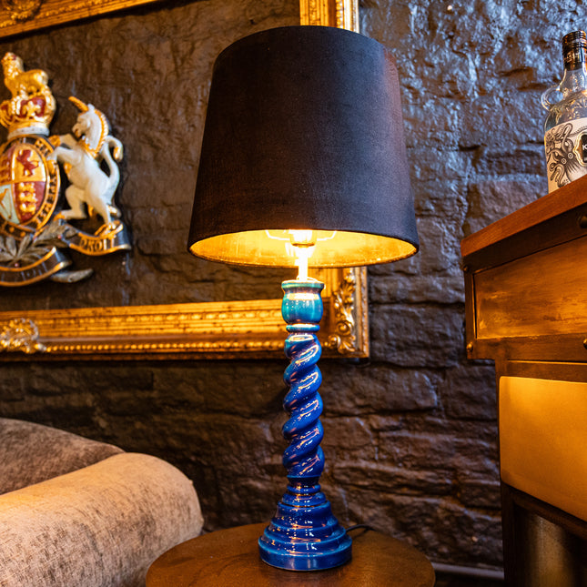 Gloss Wooden Blue Table Lamp with Metallic Shade