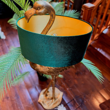 Gold Flamingo Floor Lamp with Green Velvet Shade