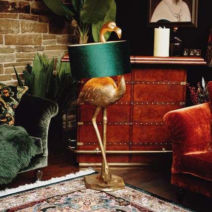 Gold Flamingo Floor Lamp with Green Velvet Shade