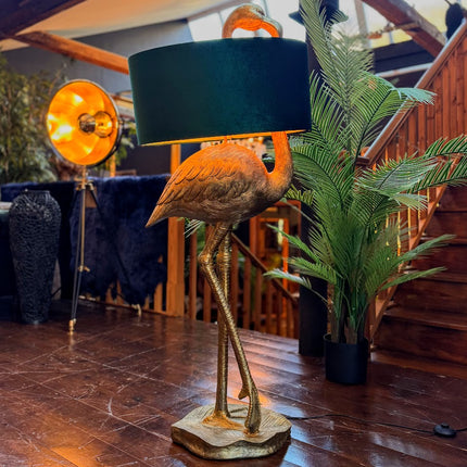 Gold Flamingo Floor Lamp with Green Velvet Shade