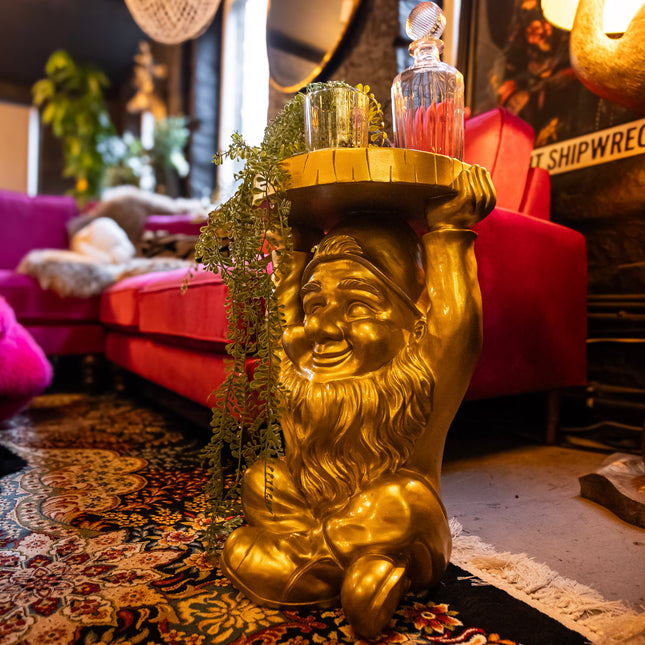 Gold Gnome With A Trunk Slice Side Table
