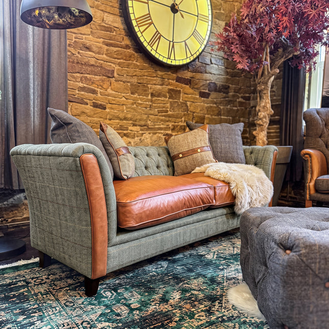 Granby Chesterfield Sofa in Harris Tweed Green & Leather