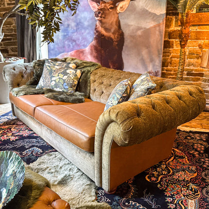 Harvard Chesterfield in Cognac Leather & Green Khaki Velvet