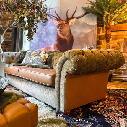 Harvard Chesterfield in Cognac Leather & Green Khaki Velvet