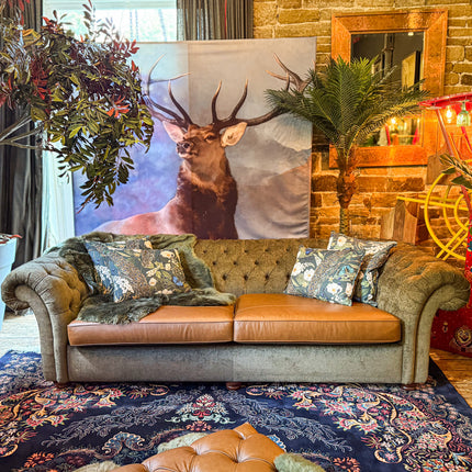 Harvard Chesterfield in Cognac Leather & Green Khaki Velvet