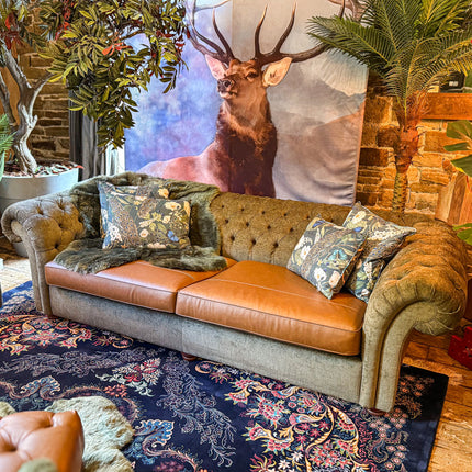 Harvard Chesterfield in Cognac Leather & Green Khaki Velvet