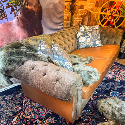 Harvard Chesterfield in Cognac Leather & Green Khaki Velvet