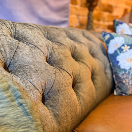 Harvard Chesterfield in Cognac Leather & Green Khaki Velvet