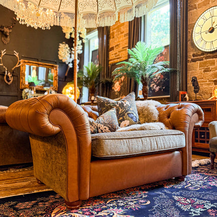 Harvard Chesterfield in Cognac Leather & Green Khaki Velvet