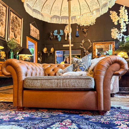 Harvard Chesterfield in Cognac Leather & Green Khaki Velvet