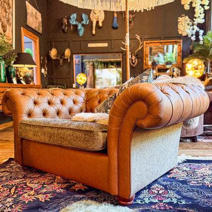 Harvard Chesterfield in Cognac Leather & Green Khaki Velvet