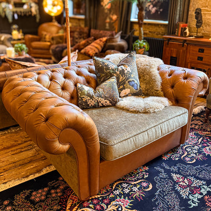 Harvard Chesterfield in Cognac Leather & Green Khaki Velvet