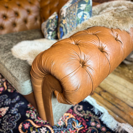 Harvard Chesterfield in Cognac Leather & Green Khaki Velvet