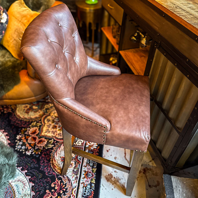 Riley Chesterfield Bar Stool in Dark Brown Leather -Ex Display