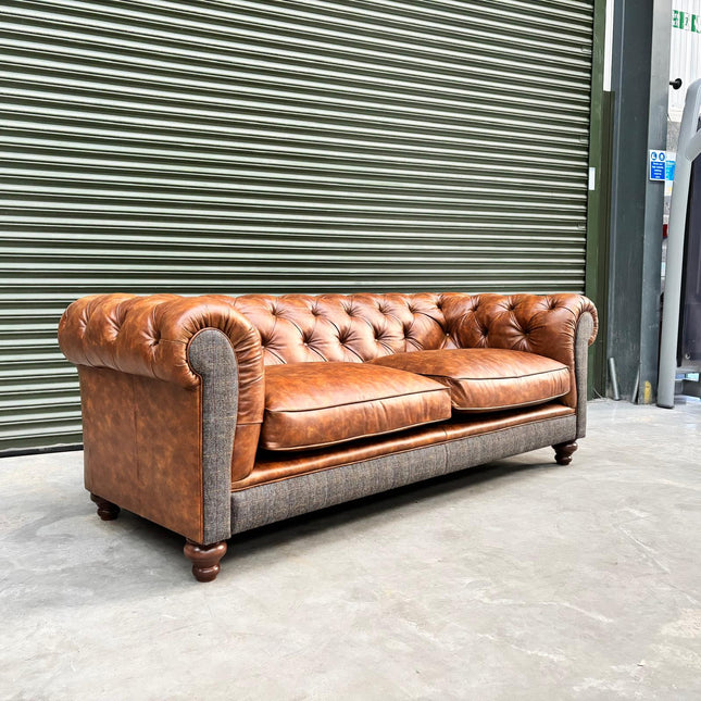 Stanley Chesterfield 4 Seater in Vintage Tan & Harris Tweed - Ex Display