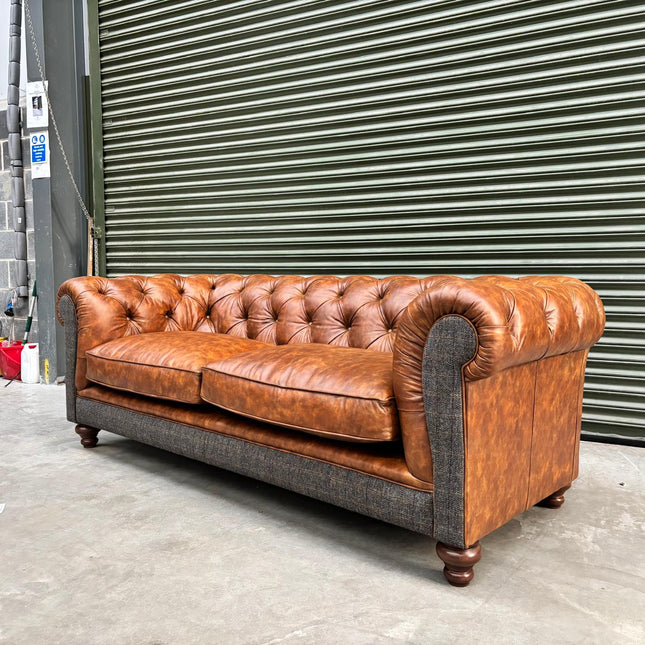 Stanley Chesterfield 4 Seater in Vintage Tan & Harris Tweed - Ex Display